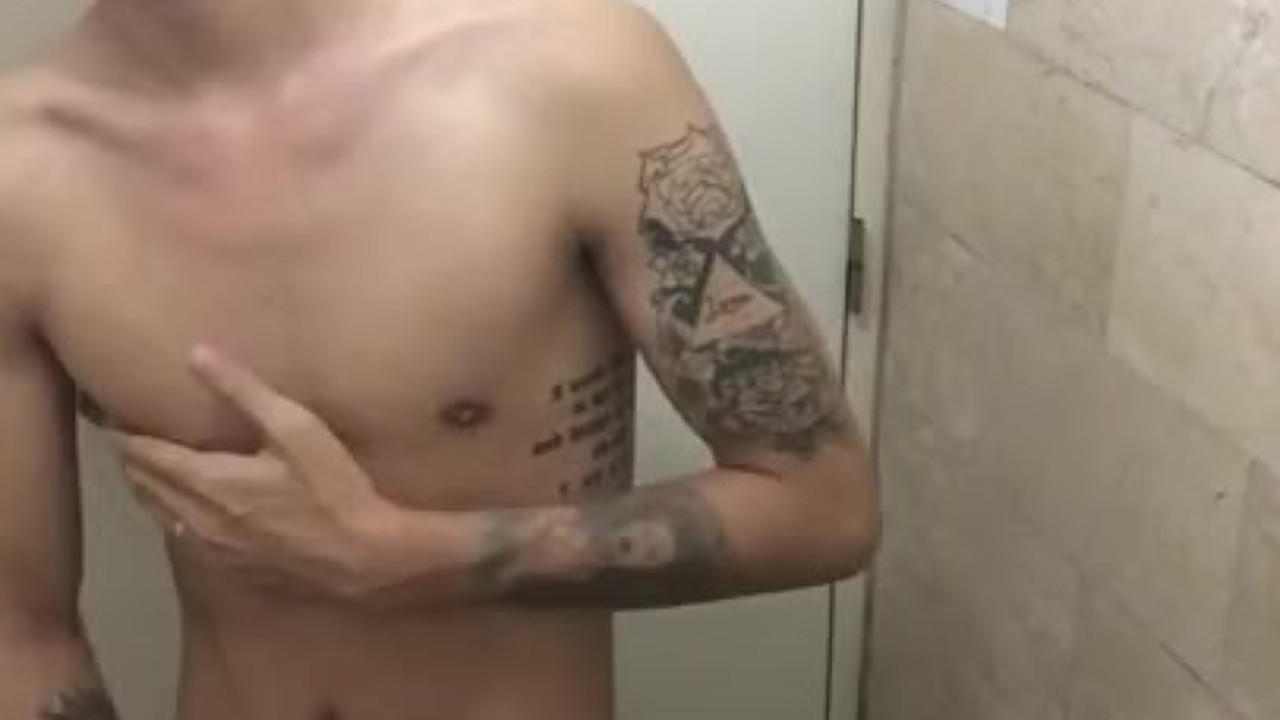 Cute Blonde guy cums in Bathroom