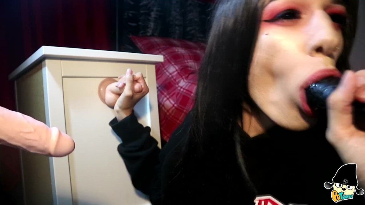 Possessed Goth Transgirl Sucks 3 Cocks Sloppy Bukakke Deepthroat Footjob