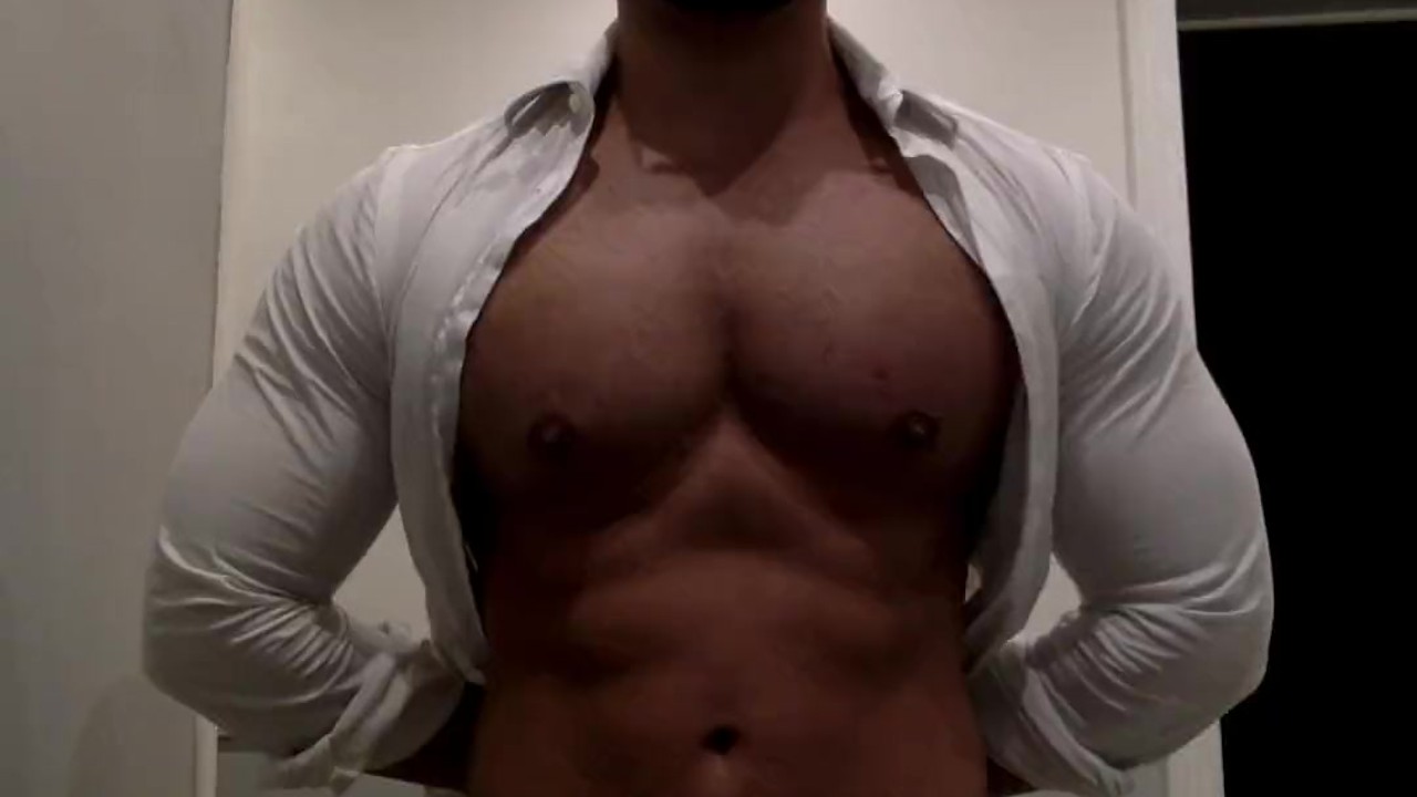 Ripping my white shirt while flexing my big muscle pecs and biceps