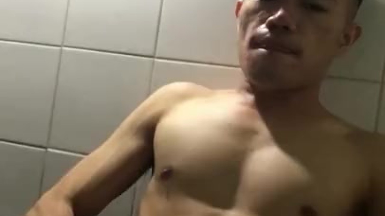 Asian boy Jerking on bathroom