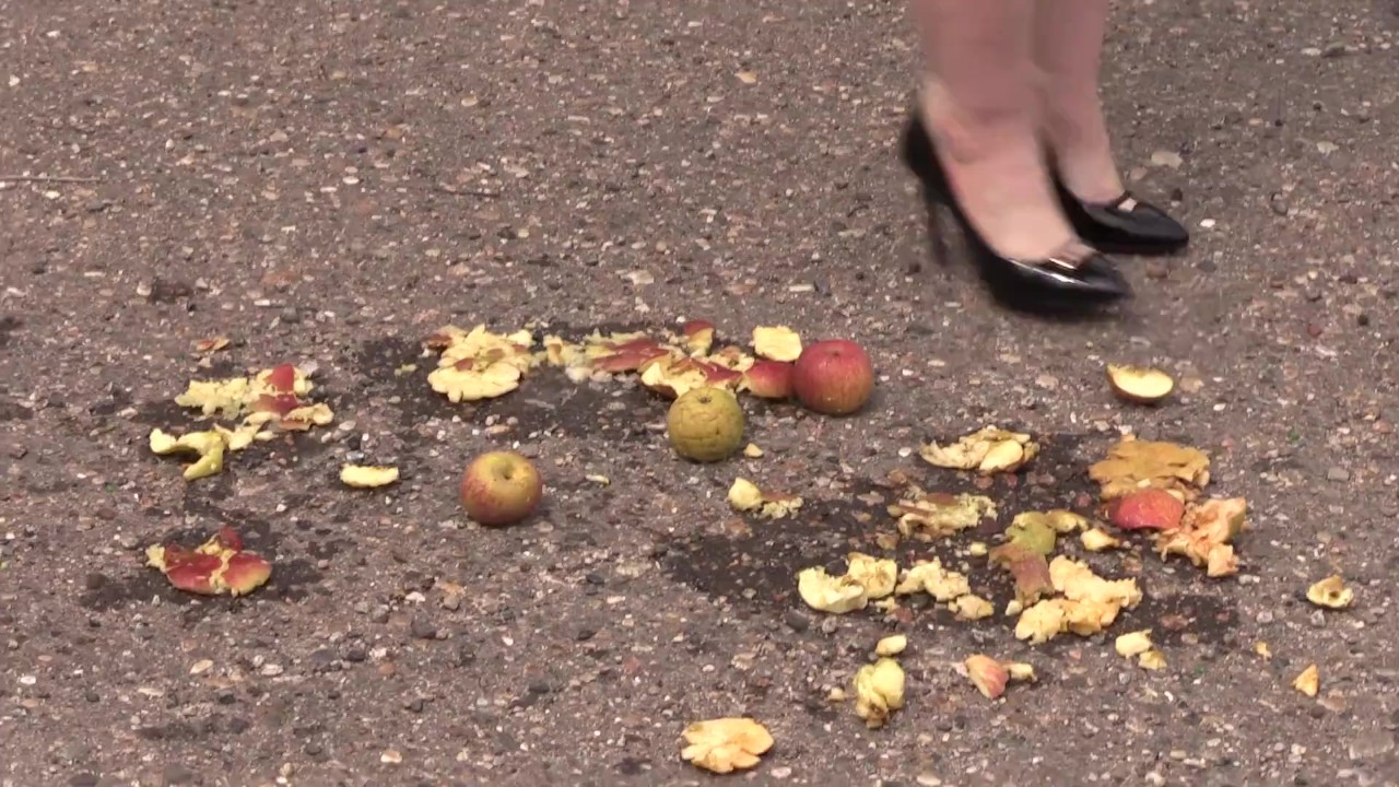 Crush fetish outdoors Fat legs in high heel shoes crush apples