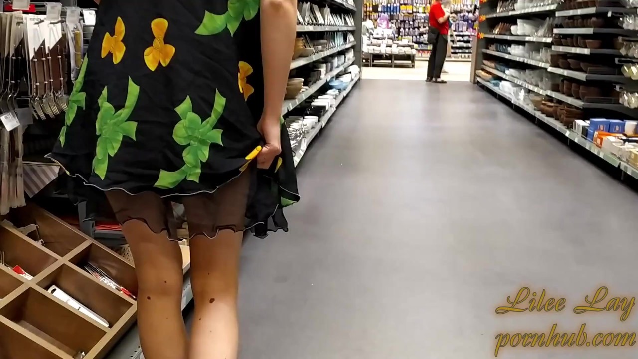 Wife risky flashing in public store, no panties, in mini dress and many witnesses