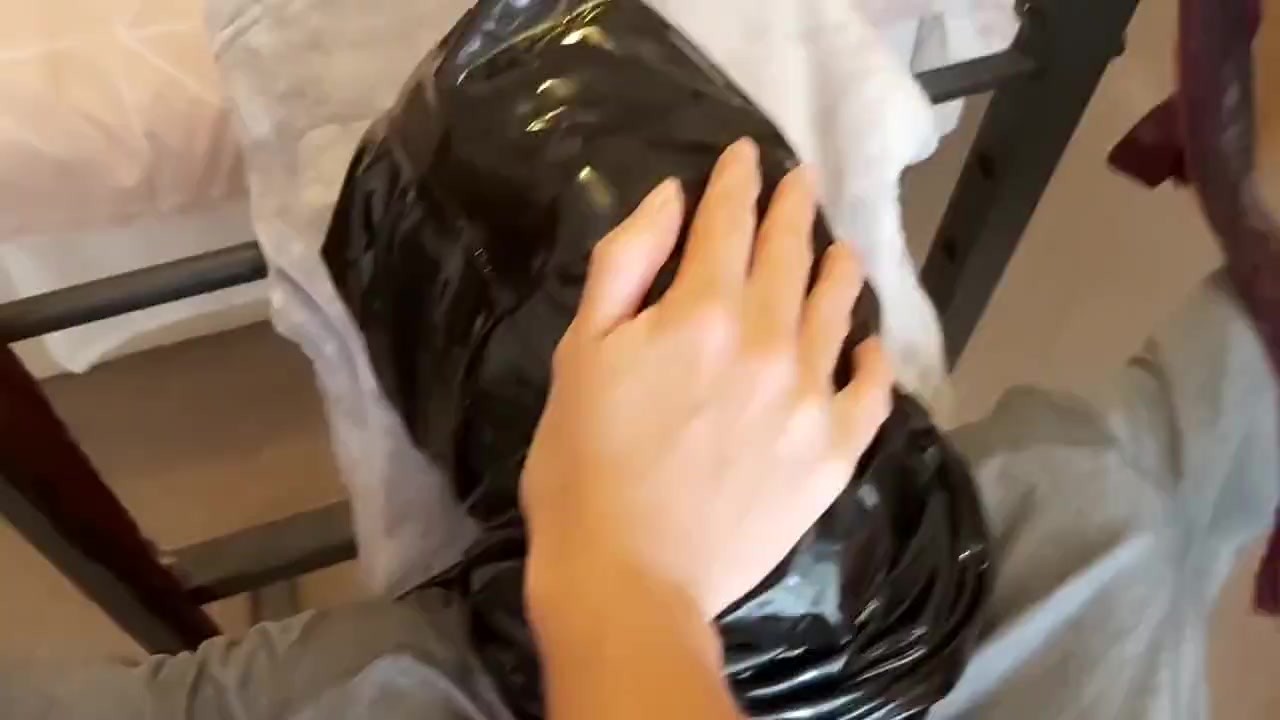 Facesitting and smothering with latex leggings! With hand over mouth and panty gag humiliation!