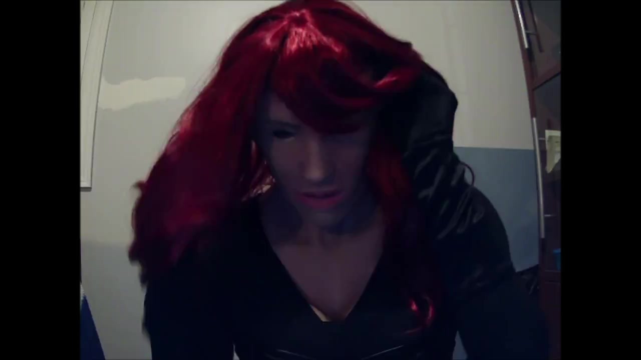 Tight Playmate Pt3! Putting on my new red wig! on my female mask Playmate ;3