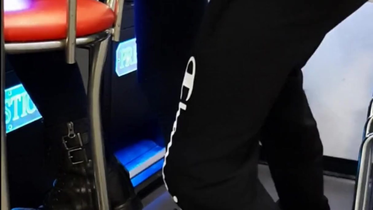 Public fuck in a casino while she plays slot machines. Cumshot on her sexy ass