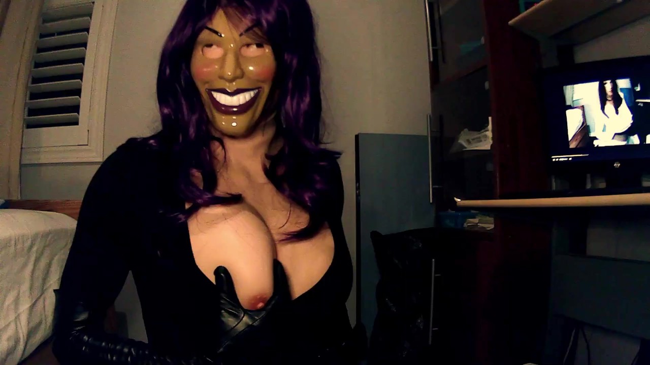 Purple Sheli Pt2! Double masked girl puts on her leather gloves and plays with her huge rubber tits!