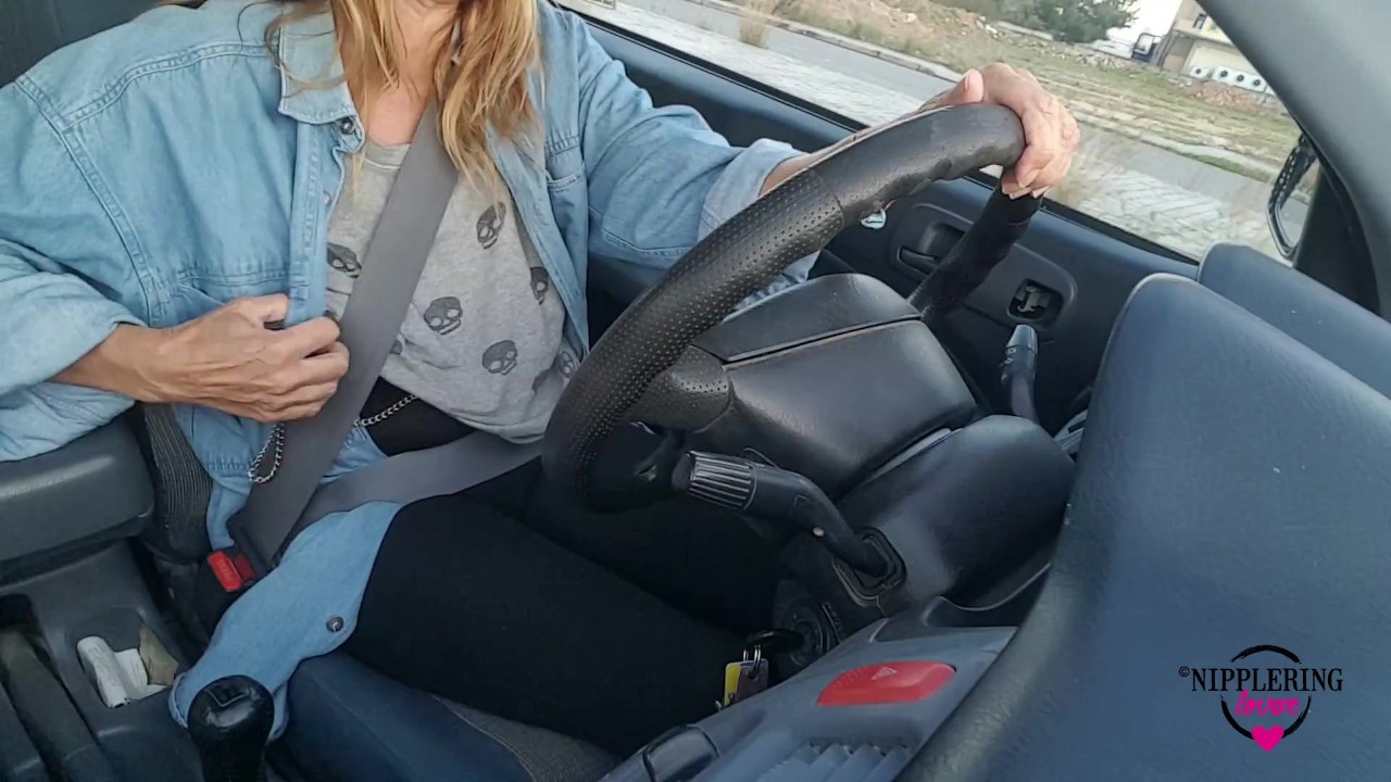 nippleringlover flashing pierced tits with nipple chain while driving big stretched pierced nipples