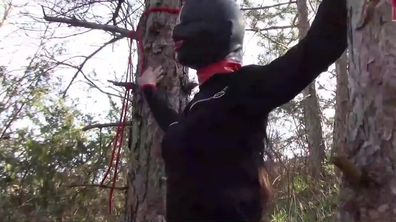 Outdoor sex in the wood. Wearing sexy clothes and high heels, bound, throated and fucked