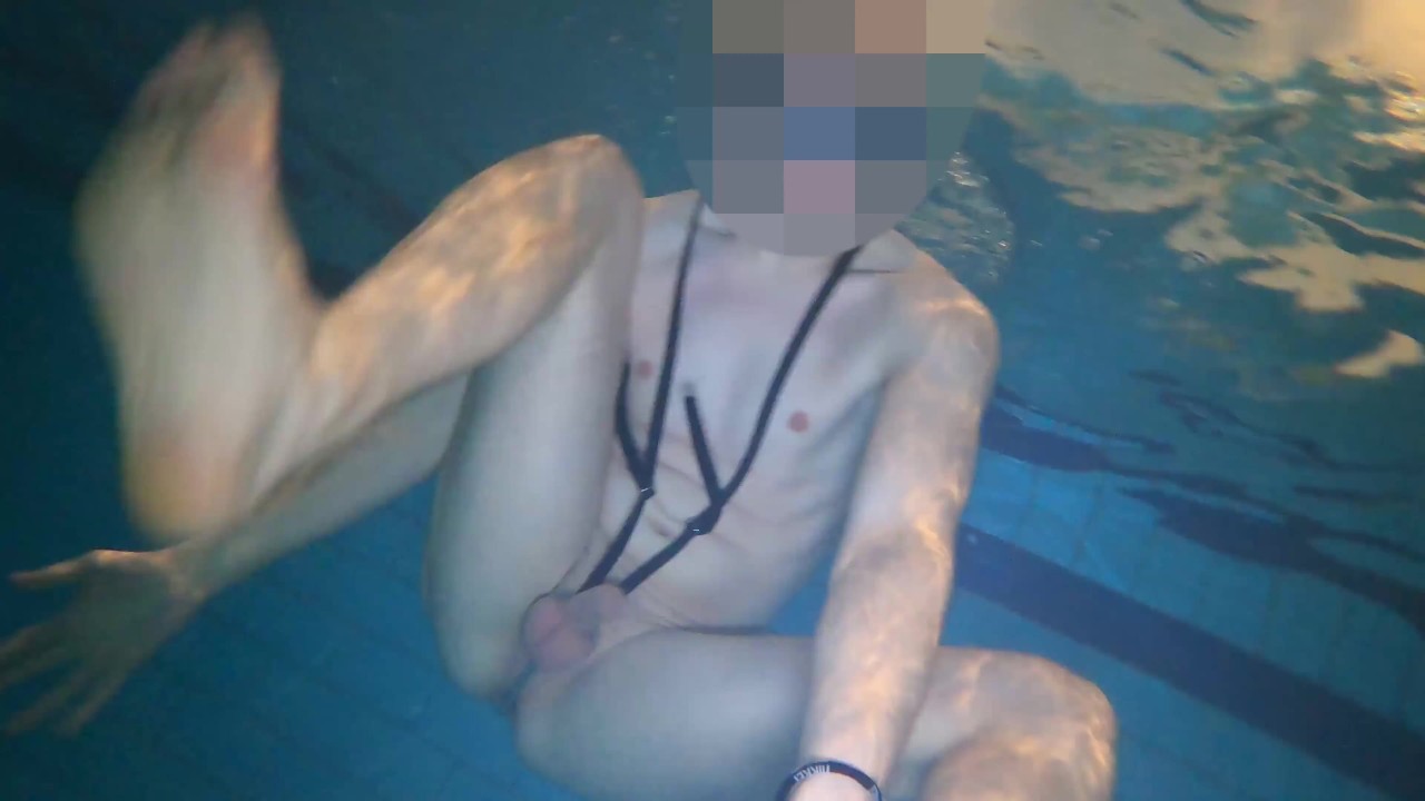 Naked swim and cum with metal cockring and plug