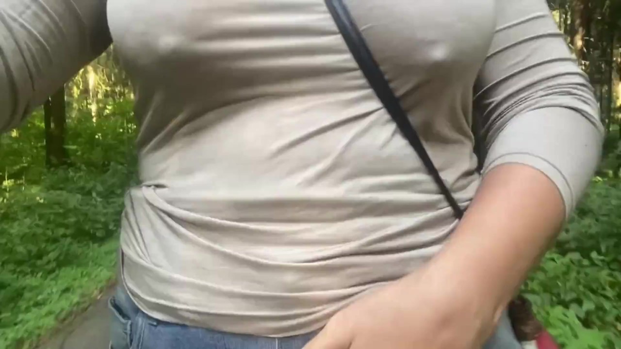 Milf flashing tits and play erect nipples in public/ masturbation in the city park