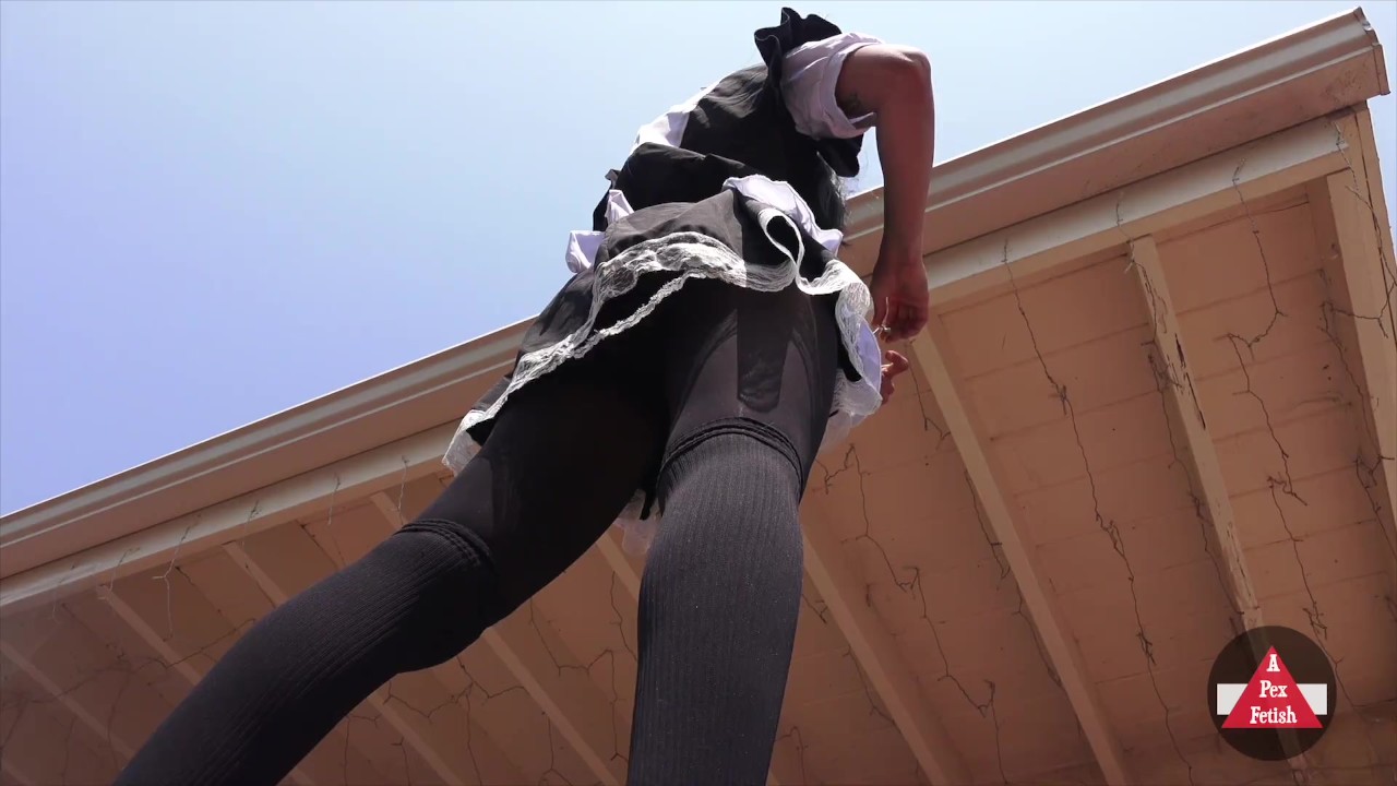 UPSKIRT FETISH! French Maid Fixes Lights -- in broad daylight!