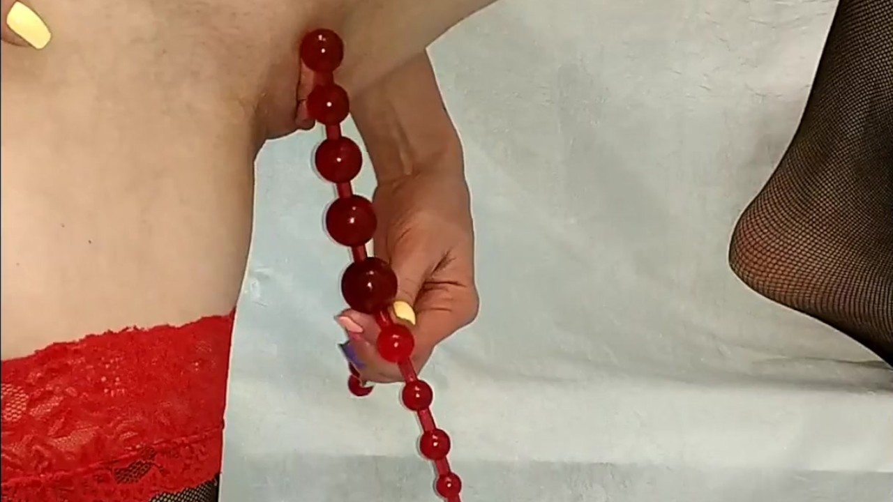Sensual Masturbation by Red Sex Toy Beads
